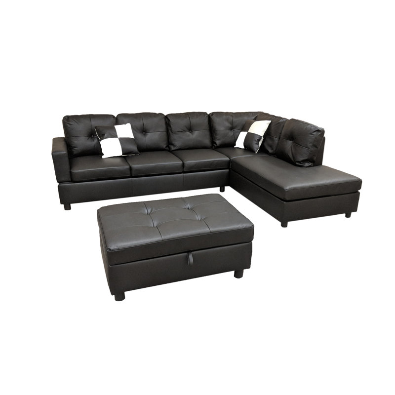 Faux Leather L-Shaped Sectional, Black Faux Leather, Right Hand Facing