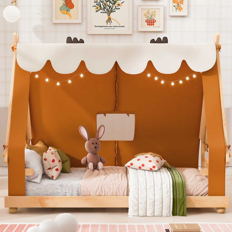 Lit simple avec tente et lit clair brun, Lit simple