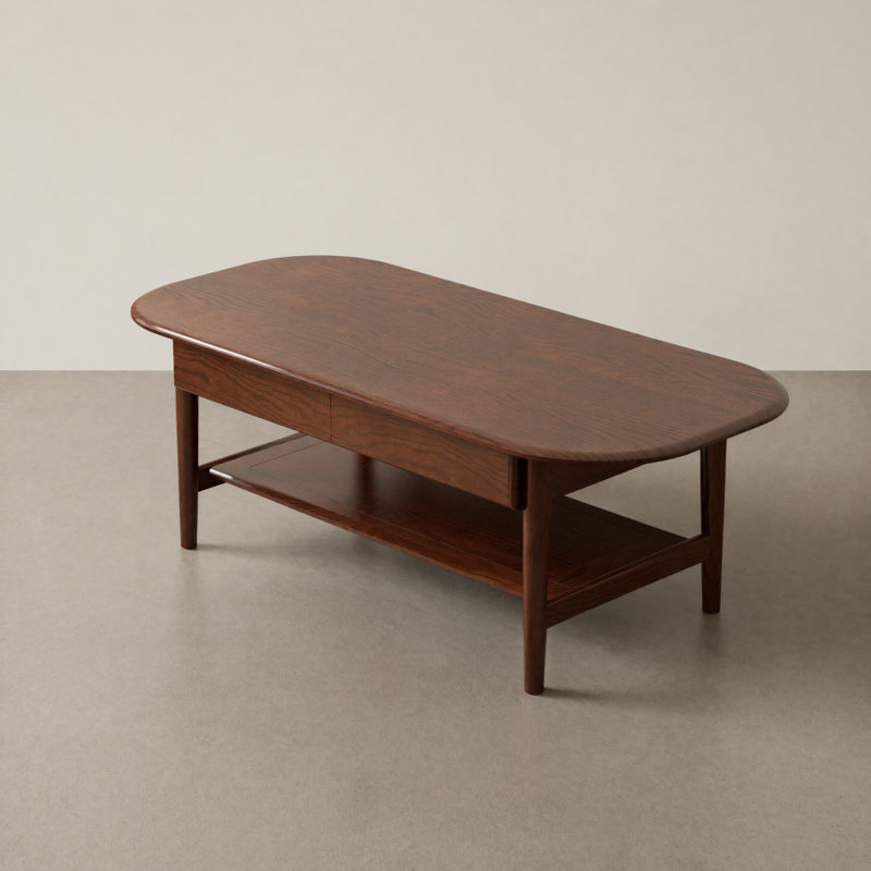 Table basse de 47 po de style Mid-Century moderne en chêne massif avec tiroir et tablette de rangement, Chêne brun