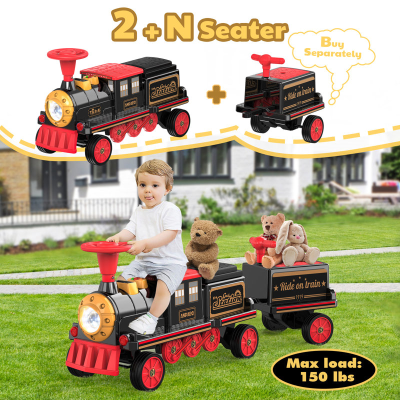 Chariot de train pour enfants avec boîte de rangement, guidon, 1 place à monter sur un train Anpabo 12v, Rouge