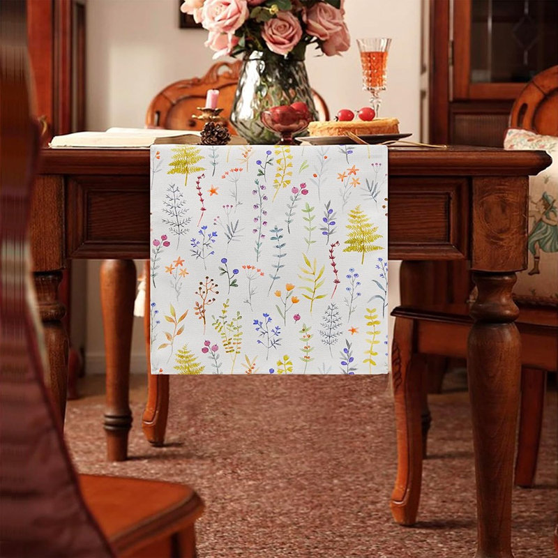 Chemin de table - Décoration de table multicolore, fleurs botaniques et feuilles de fougère, toile de jute, printemps et été