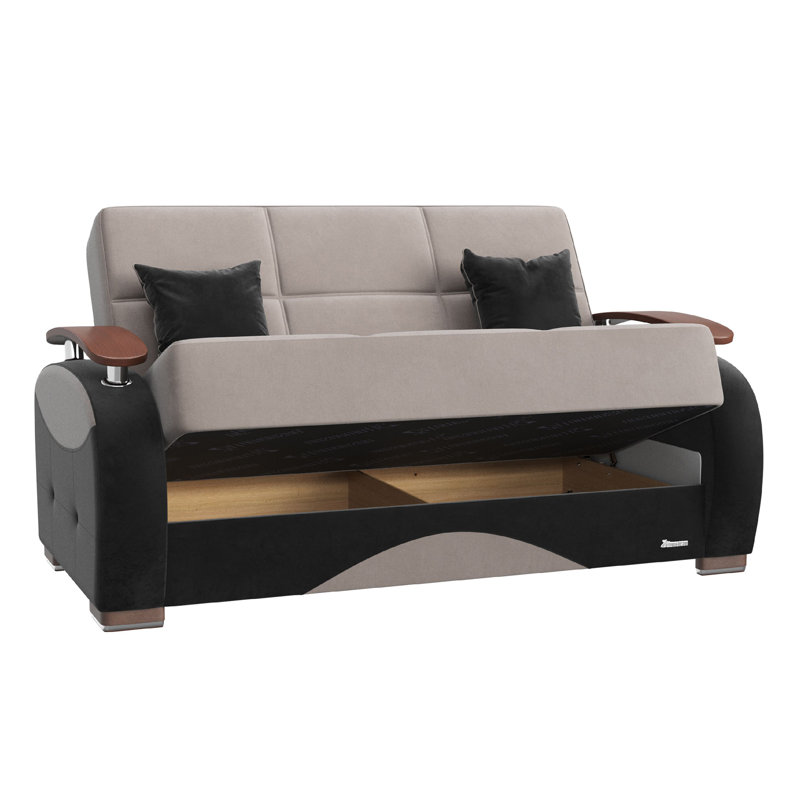 Gray Microfiber Upholstered Loveseat with Storage and Wooden Arm Tops