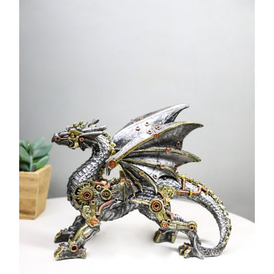 Sculpture de robot cyborg mécanique steampunk en forme de dragon, détails des engrenages et du mécanisme d'horlogerie