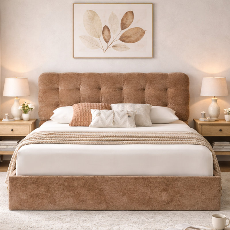 Lit plateforme tapissier avec rangement Arcadia, Velours brun, Grand