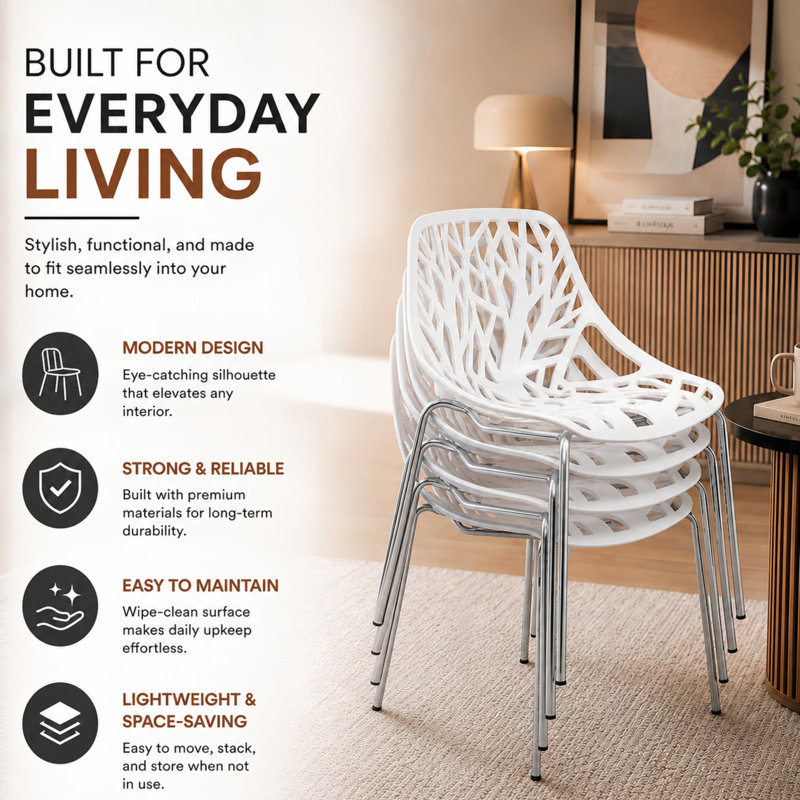 Stackable Dining Side Chairs with Floral Cutout Back and Stainless Steel Legs – Modern Kitchen, Restaurant, or Banquet Seating