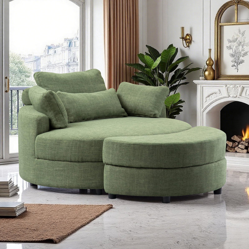 51.2-inch Round Sofa Made Of Linen Fabric, Paired With A Half-moon-shaped Storage Footrest - A Modern And Stylish Seating Design Suitable For Both Living Room And Bedroom, Featuring Both Practicality And Space-saving Features.