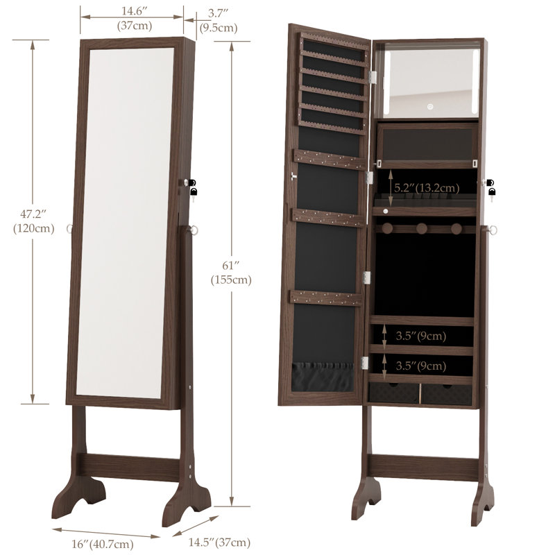 Armoire à bijoux pleine grandeur avec lumière DEL, 4 miroirs à angle réglable, brun, Brun