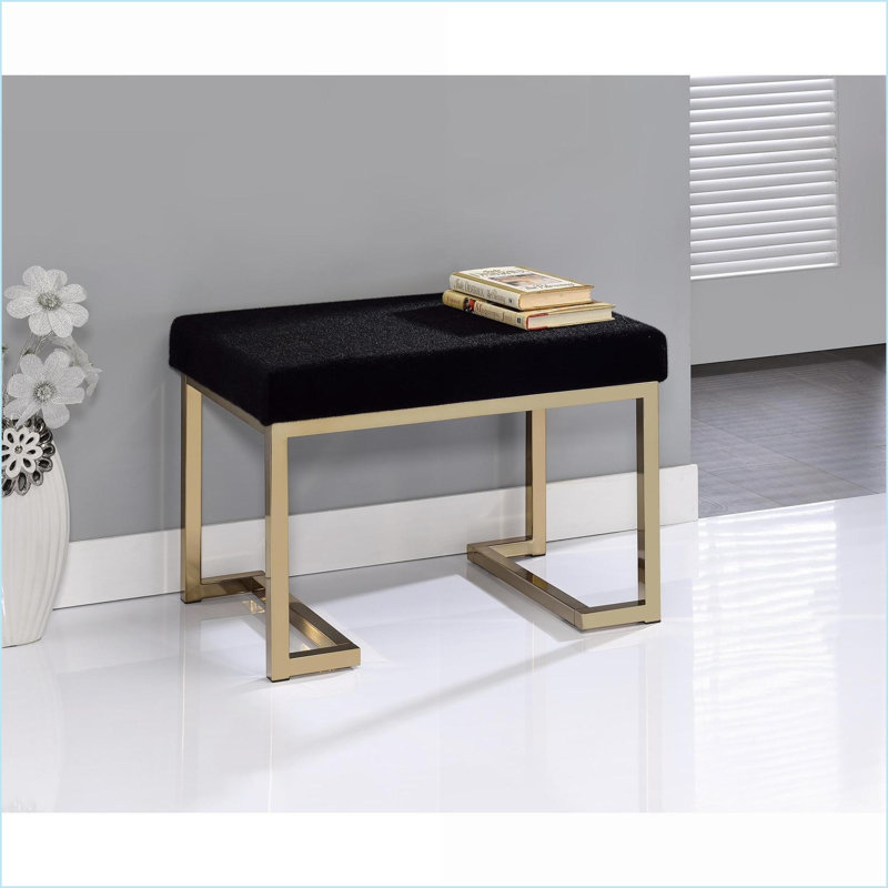 Repose-pieds, siège rectangulaire rembourré en tissu noir avec base en métal champagne doré | Sièges d'appoint pour salon | Or | Métal