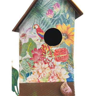 Pastel Colored Birdhouse Garden Stake with Hand Painted Tropical Flowers and Parrot