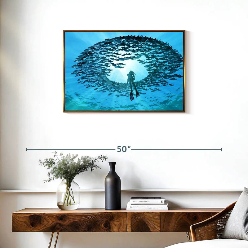Plongée avec des poissons, 31 po x 21 po, Cadre flottant doré