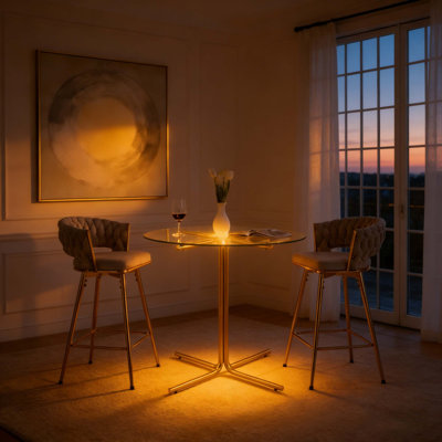 Ensemble de table de bar 3 pièces avec chaises de bar rotatives rembourrées, plateau en verre trempé résistant aux égratignures et base en métal stable à quatre griffes.