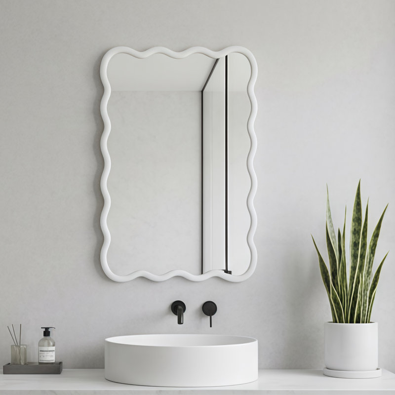 Miroir de salle de bain suspendu rectangulaire ondulé 20 po x 30 po, pour chambre à coucher, salle de bain, salon, miroir de meuble-lavabo mural en verre pour hall d'entrée, blanc