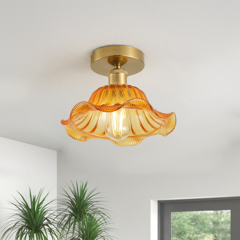 1-Light Brass Flush Mount Ceiling Light, Dimmable, E26 Base, Amber Glass Shade, ETL Certified, Amber