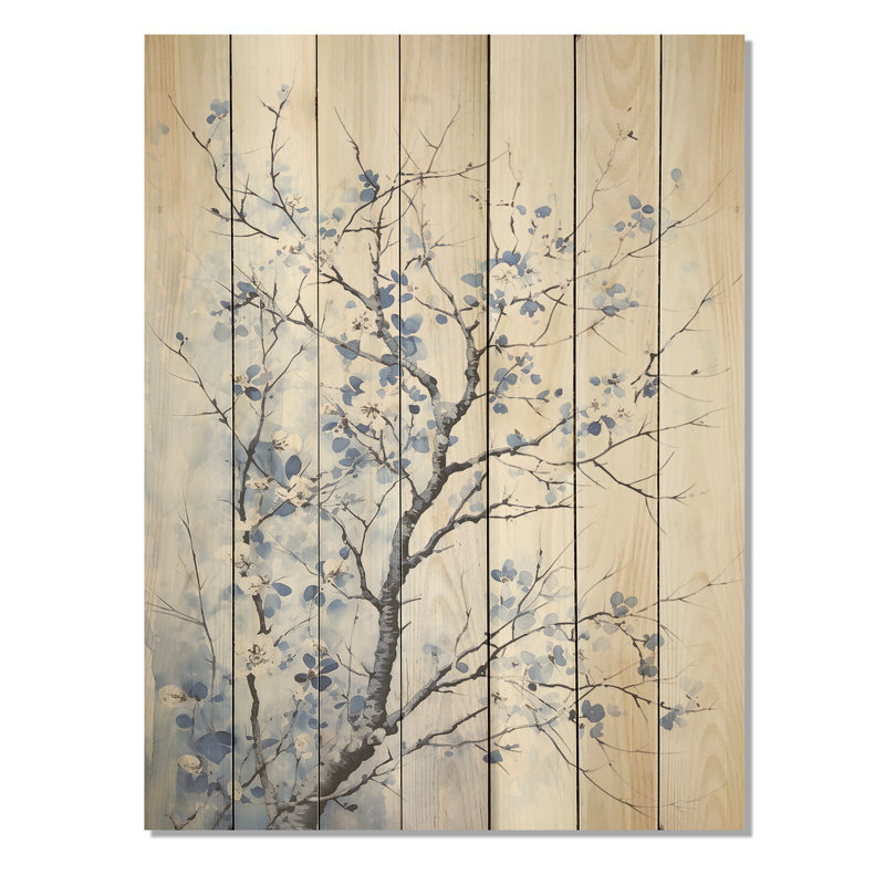 Arbre bleu et blanc en fleurs II - Arbre sur bois, H 40 po x l 30 po