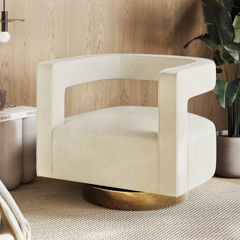 Keegan Upholstered Swivel Barrel Chair, Ivory Velvet, Gold