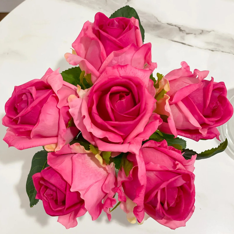 Real Touch Roses Arrangement In Glass Vase, Magenta Pink