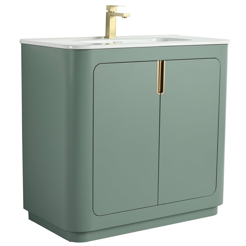 Atticus 36 Inch Bathroom Vanity with Sink, Green/Satin Brass