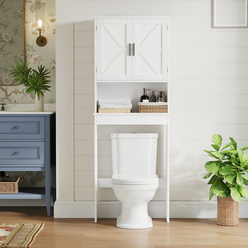 Over The Toilet Storage Cabinet With Adjustable Shelf, Bathroom Space Saver Organizer With Double Doors And Open Shelf, Freestanding Toilet Rack For Small Bathroom