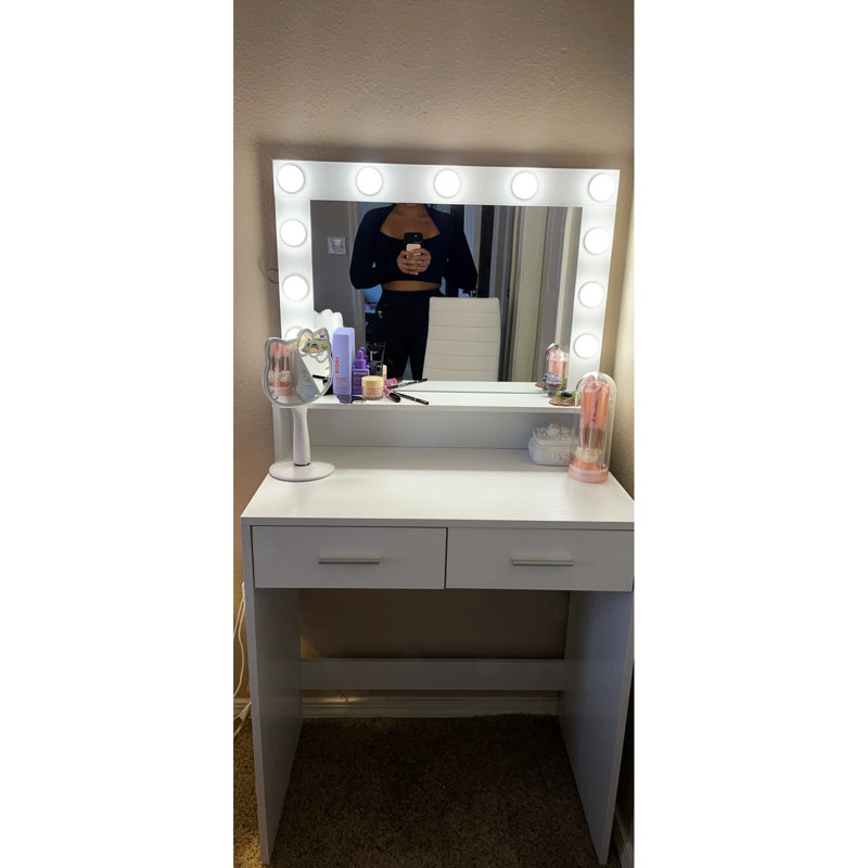 Bureau de meuble-lavabo pour chambre à coucher avec miroir et lumières, rangement à 2 niveaux, grand tiroir - option attrayante blanche Radiant