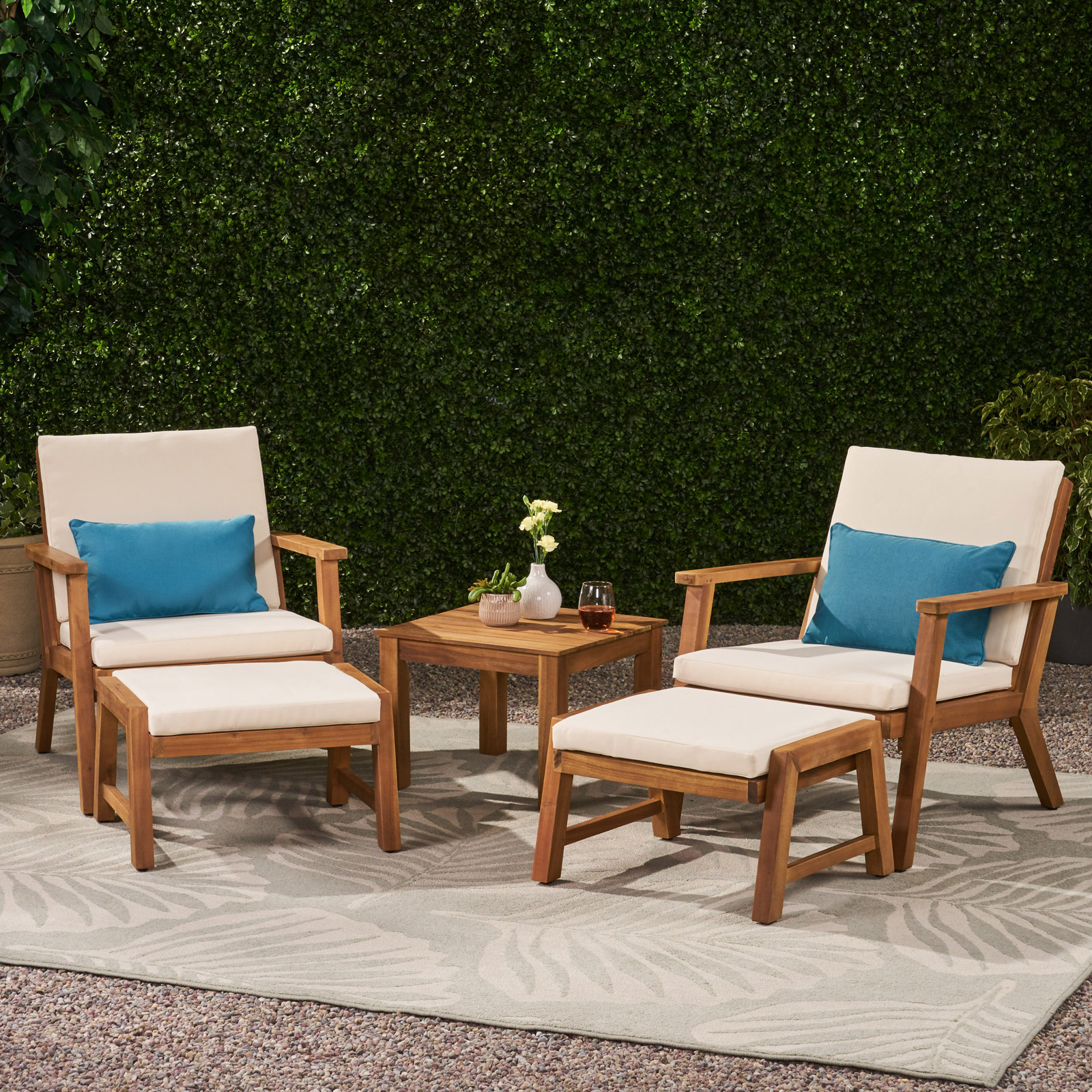 Channing Acacia 2 - Person Patio Conversation Set with Cushions, Cream, Brown Patina