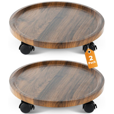 Lot de 2 supports à plantes à roulettes, support roulant en bois de 35 cm avec roulettes pivotantes à 360°, couleur noyer