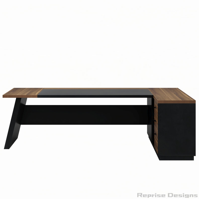 78.7" L-Shaped Executive Desk With File Cabinet And Drawers, Walnut/Black