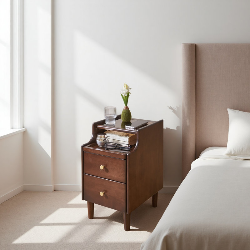 Solid Wood Nightstand with Two Drawers and Pull-out Panel Storage Bedside Table
