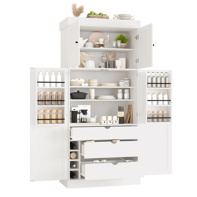 Armoire de cuisine autoportante de 77 po de hauteur avec tablettes réglables et supports à vin, Ivoire ivoire