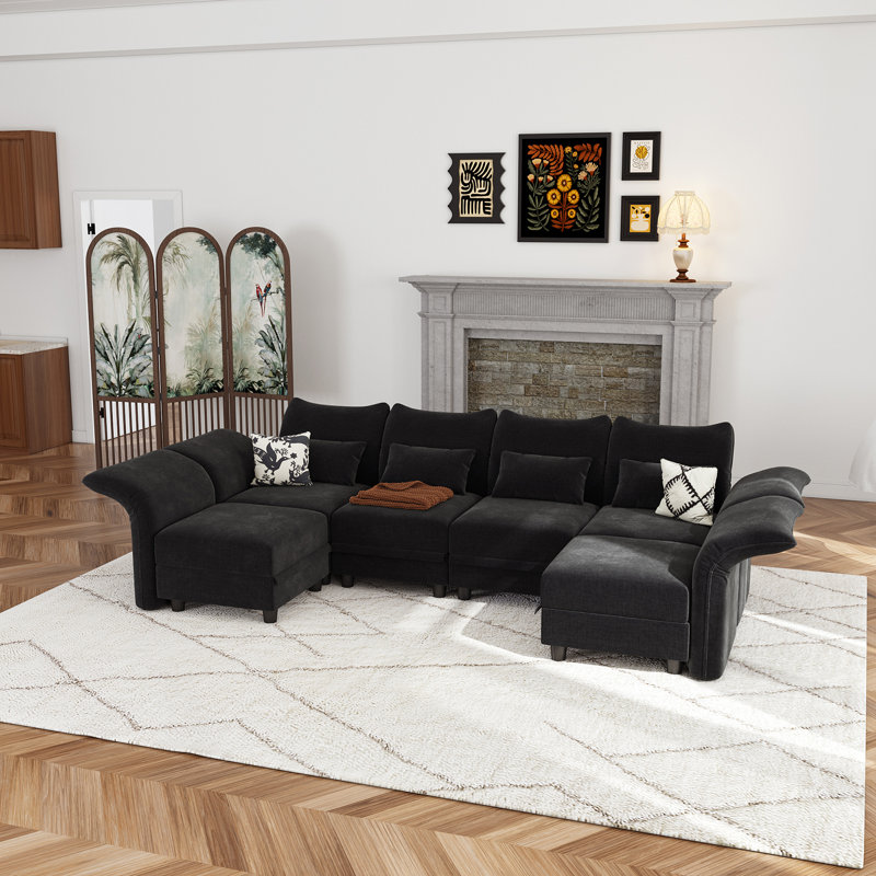 Canapé modulaire rembourré avec rangement de 102 po Harlaii, Microfibre noire / microsuède