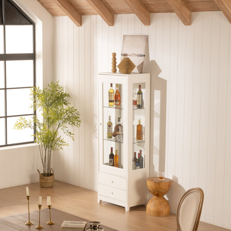 71'' Freestanding Display Cabinet With Adjustable Shelves, Upholstered Pantry, 2 Storage Drawers, Wine Cabinet, Glass Door, 5 Colors Led Ceiling , 180° Panoramic View For Decor - White Elements,