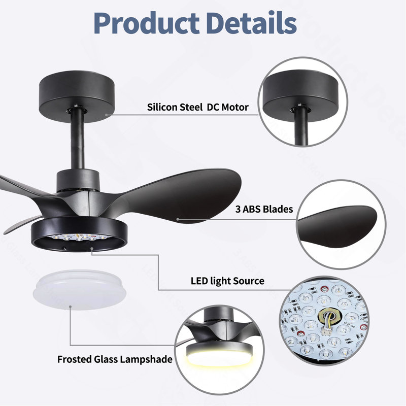 24" Small  Ceiling Fan With Light Remote Control, Black