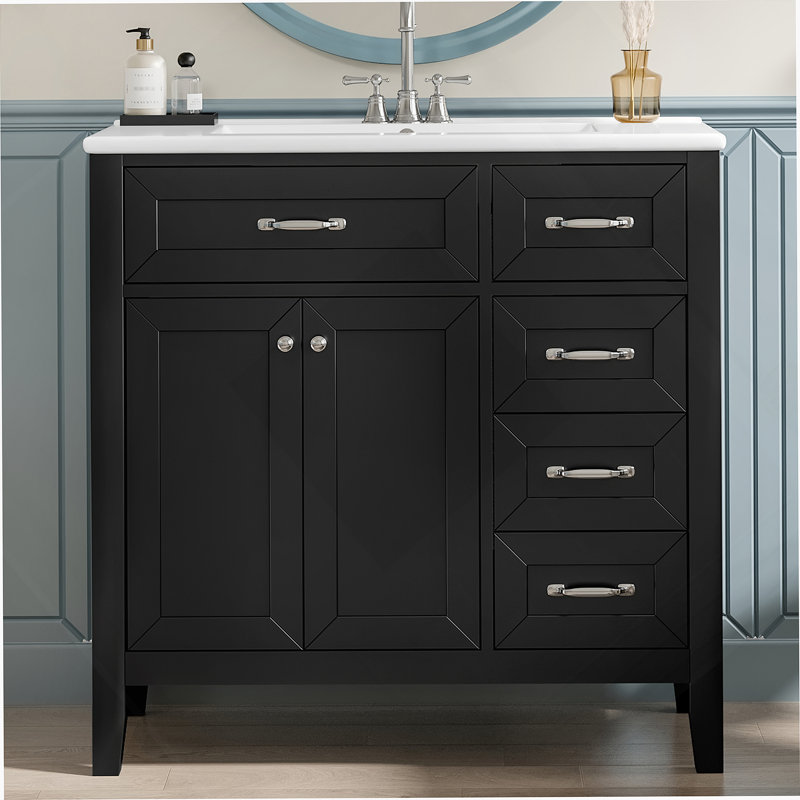 Ensemble de meuble-lavabo 36 po avec lavabo, armoire de salle de bain noire avec tiroirs, structure solide et panneau de fibres à densité moyenne