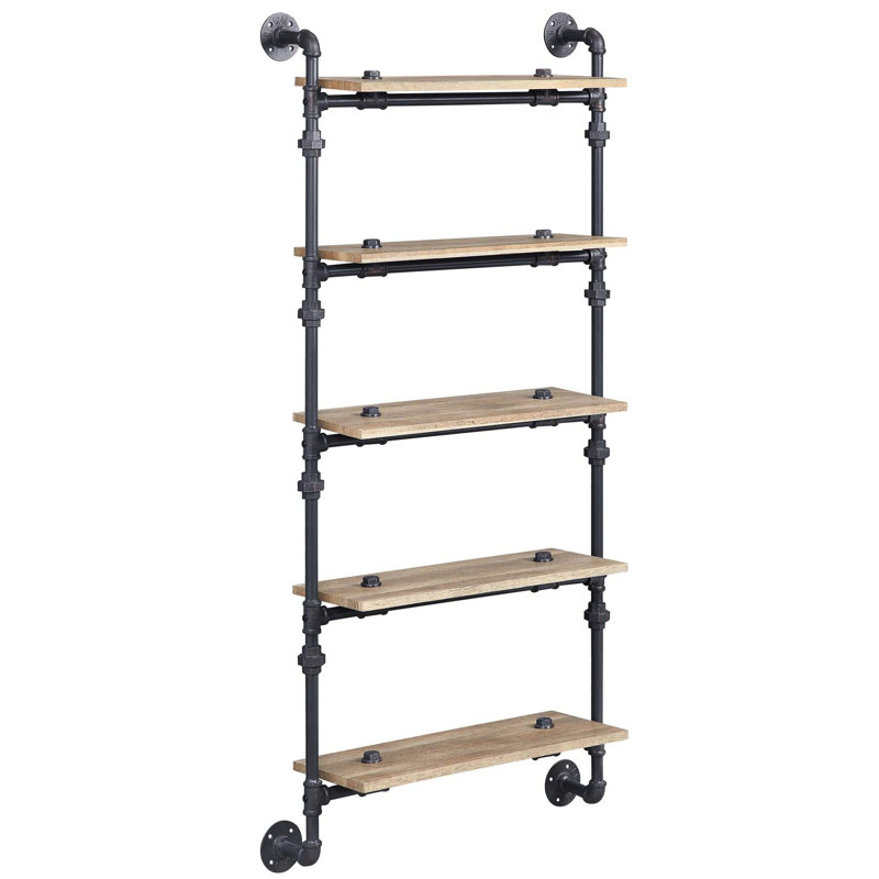Tablette flottante murale à 5 niveaux avec tube en métal, finition chêne, aspect de conduite d'eau, idéale pour la décoration de bureau et le rangement, l 9 po de largeur, cadre de 12 po, style, présentoir de rangement, tablette