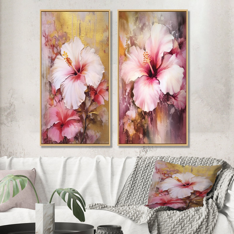Hibiscus exotique doré et rose - Hibiscus, ensemble de 2 impressions sur toile, Encadrement brun, H 32 po x l 33 po