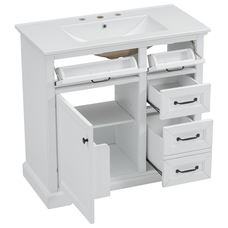 Meuble-lavabo de 36 pouces avec tiroir à bec basculant unique et lavabo en céramique, Blanc/Noir