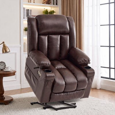 Fauteuil inclinable électrique à deux moteurs avec massage et chaleur, fauteuil inclinable électrique à position infinie avec USB A&C, porte-gobelets (T6010 - similicuir, brun foncé, moyen)
