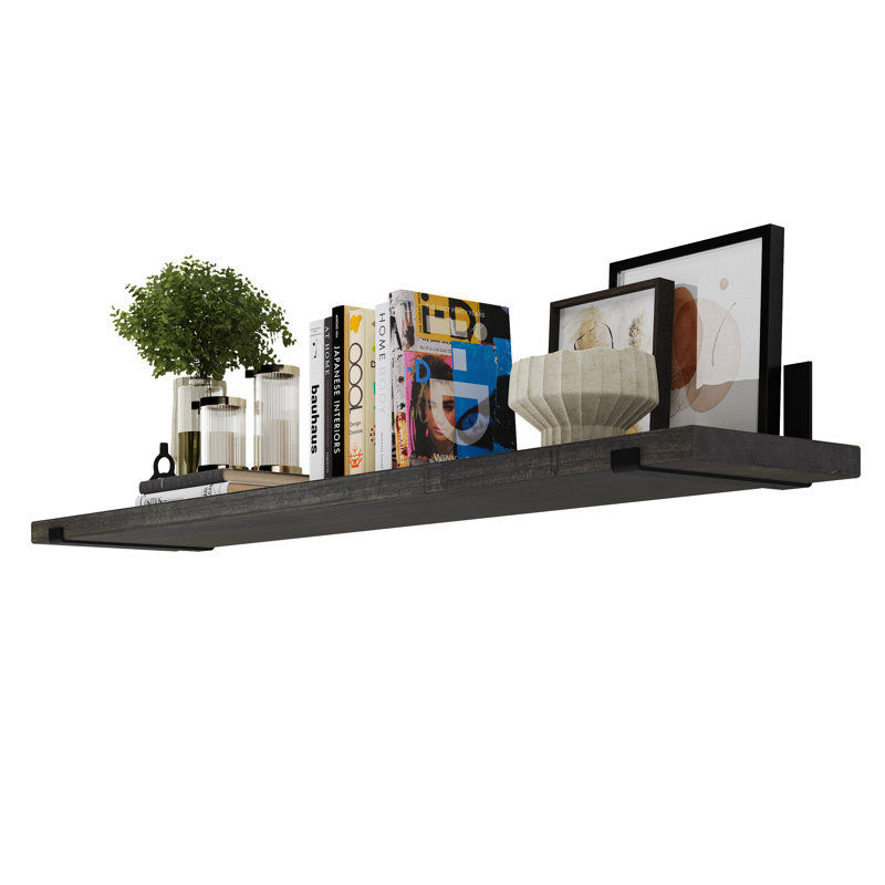 60" Long, 11.25'' Deep, 1.5" Thick, Wooden Floating Shelves For Wall, Metal Brackets Included, Ebony