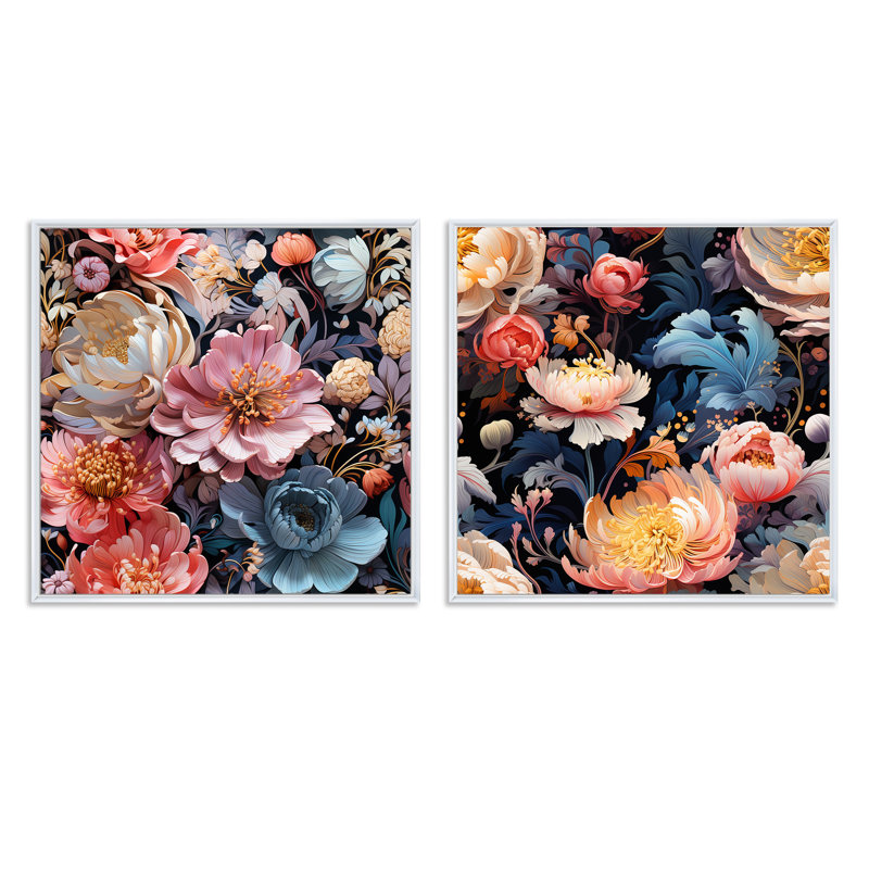 Livio - Ensemble de 2 collages carrés floraux, H 16 po x l 33 po, Cadre flottant blanc