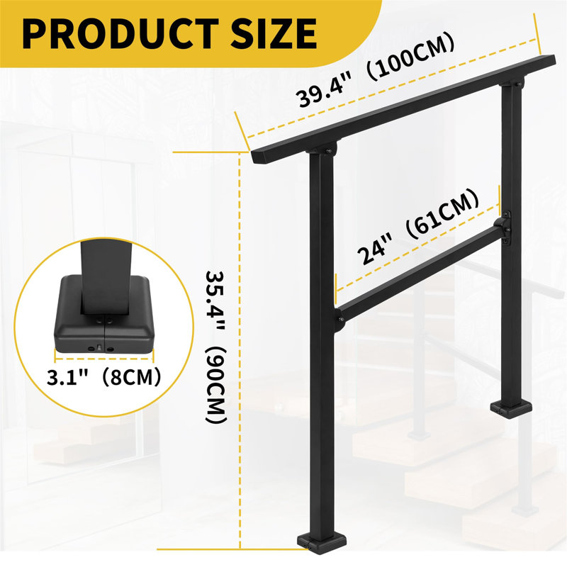 Wrought Iron Handrail, Step Handrails For Outdoor Steps Fit 2 To 3 Steps, Adjustable Porch Railing Transitional Rail With Installation Kit For Concrete Steps Or Wooden Stairs (Black)
