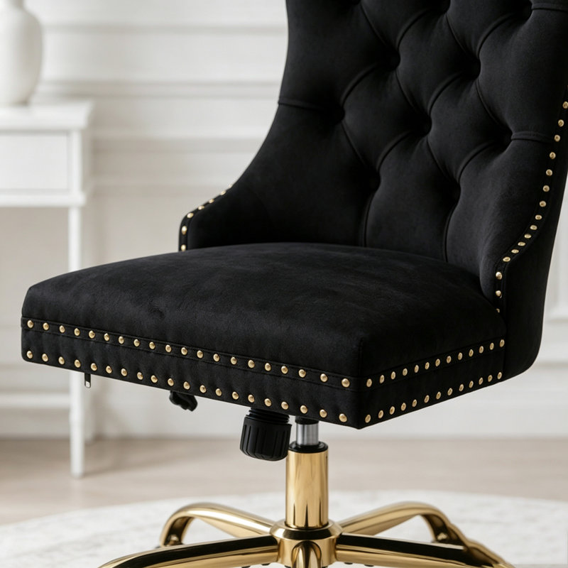 Chaise de bureau en velours de luxe avec base dorée et capitonnage à losanges, Noir