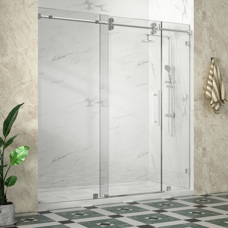 Radiancexl 92 To 96 In. W X 76 In. H Single Sliding Frameless Shower Door In Chrome With 3/8" Clear Glass, Chrome