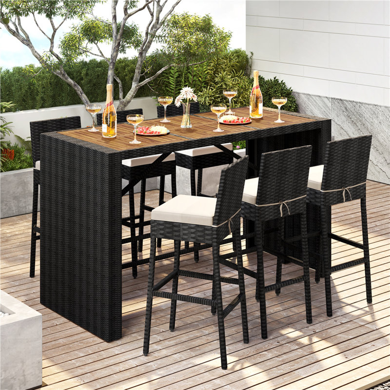 Aybars 7-Piece Patio Rattan Furniture with Wood Tabletop & Removable Cushions