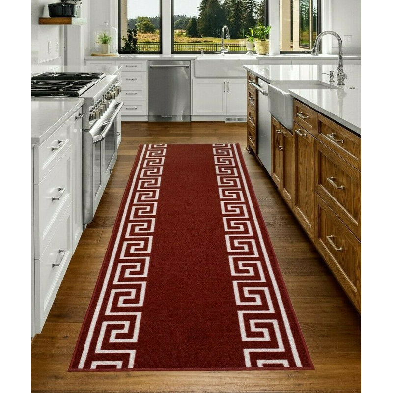 Custom Size Runner Rug 26 Inch Wide Choose Your Length Greek Key Meander Design Red Color, Runner 2'2'' x 19'