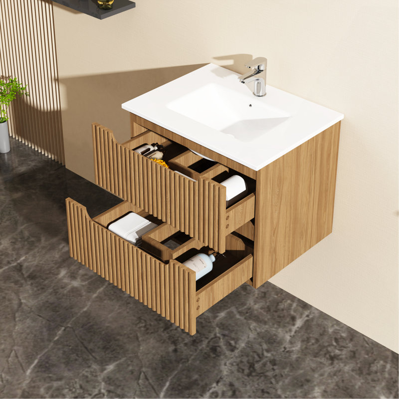 24" Wall-Mount Bathroom Vanity Cabinet With White Basin Sink Combo Floating, Walnut