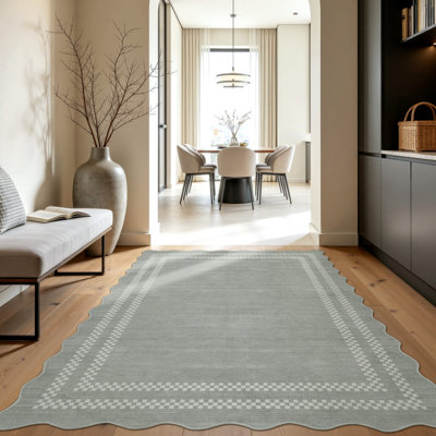 Scalloped 5x7 Washable Area Rugs for Living Room Bedroom Aesthetic, Grey Soft Non-Slip Indoor Dining Room Rug, Geometric Ultra Thin Carpet for Playroom Office Decor