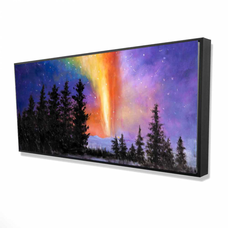 Aurore boréale dans la forêt - art sur toile encadré noir, H 25,25 po x l 49,25 po