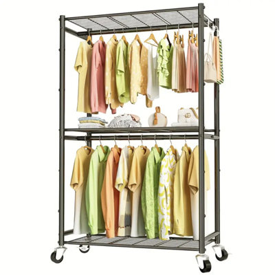 Heavy Duty Roller Clothes Hanger For Hanging Clothes, Metal Clothes Hanger With Double Rods And 3 Frames, Portable Wardrobe With Wheels