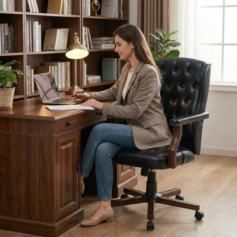 Ergonomic Executive Office Chair, Faux Leather Wingback, Adjustable Height, Sturdy Wood Base, Black