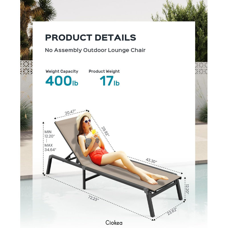 Outdoor Aluminum Lounge Chair - Foldable, Assembly-Free, with 5 Adjustable Backrests, Khaki