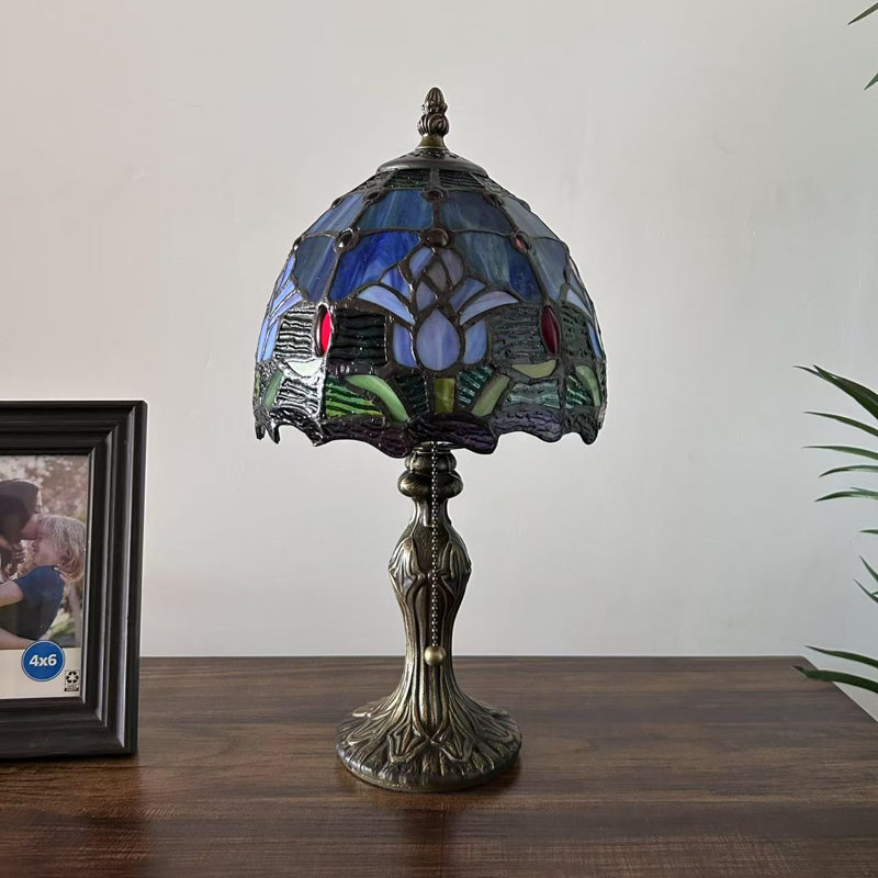 Tiffany Mini Table Lamp Blue Stained Glass Tulips LED Bulb Included 8"D*8"W*15"H